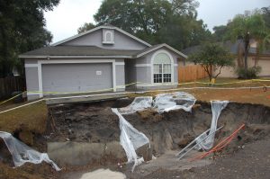 During a freeze event in 2010 in the Dover area of Florida, ground water levels dropped to record-setting lows as farmers pumped water to irrigate their plants for protection from the cold. More than 110 sinkholes formed, destroying homes, roads and sections of cultivated areas. (Photo by Ann Tihansky, USGS)