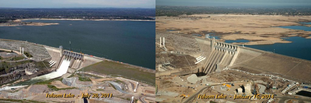 The severity of California's current drought is illustrated in these images of Folsom Lake, a reservoir in Northern California located 25 miles northeast of Sacramento. The lake is formed by Folsom Dam, in the foreground, which is part of the U.S. Bureau of Reclamation's Central Valley Project. In the July 2011 view, the lake was at 97 percent of total capacity and 130 percent of its historical average for that date. In the January 2014 photo, the lake was at 17 percent of capacity and 35 percent of its historical average. (Photo CDWR.)