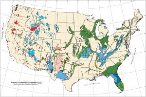 Areas of greatest sinkhole susceptibility are shown in blue and green. Areas of karst topography are shown in red and pink. Yellow indicates areas of low sinkhole susceptibility. (Map by USGS.)